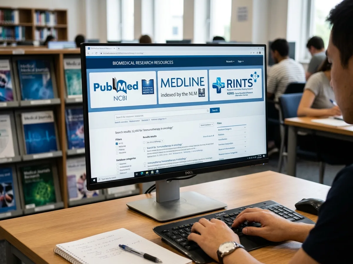 Логотипы баз данных PubMed MEDLINE РИНЦ для медицинских журналов на экране монитора