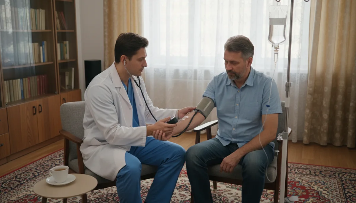 Врач-нарколог измеряет артериальное давление пациенту, инфузионная стойка, домашняя обстановка