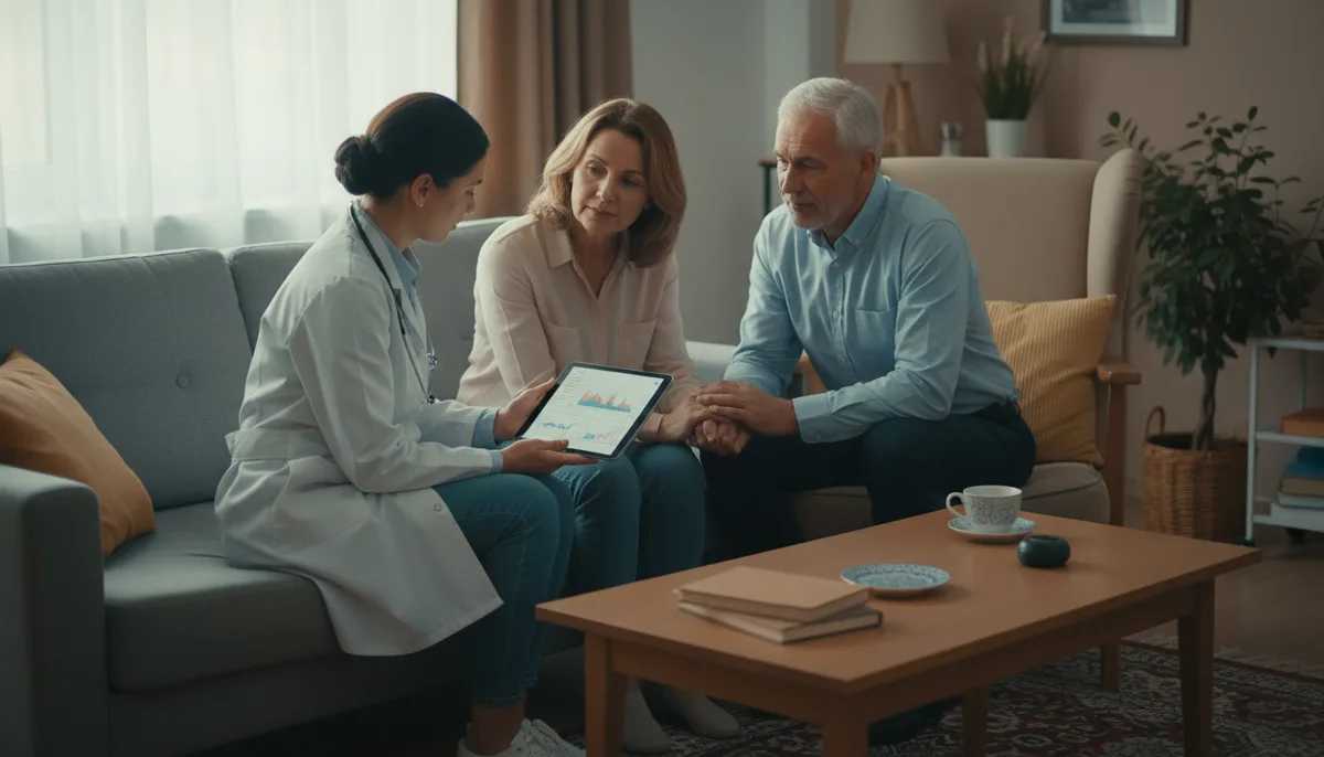 Врач с планшетом беседует с пациентом и его родственником в гостиной, спокойная обстановка